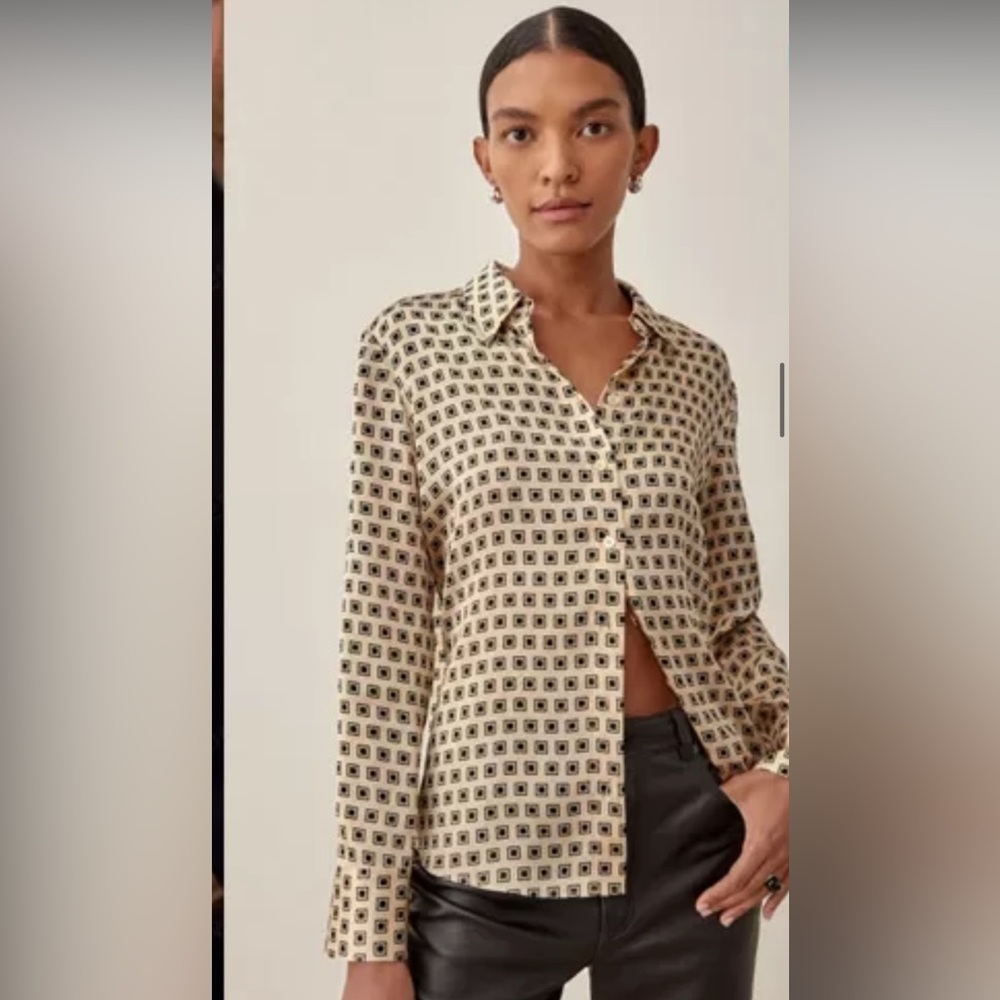 Reformation Geometric Sky Silk Button Down Top